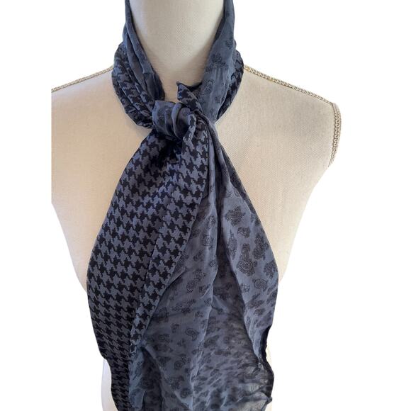 Talbots Silk Chiffon Reversible Scarf Blue Paisley Houndstooth Print - Picture 1 of 5